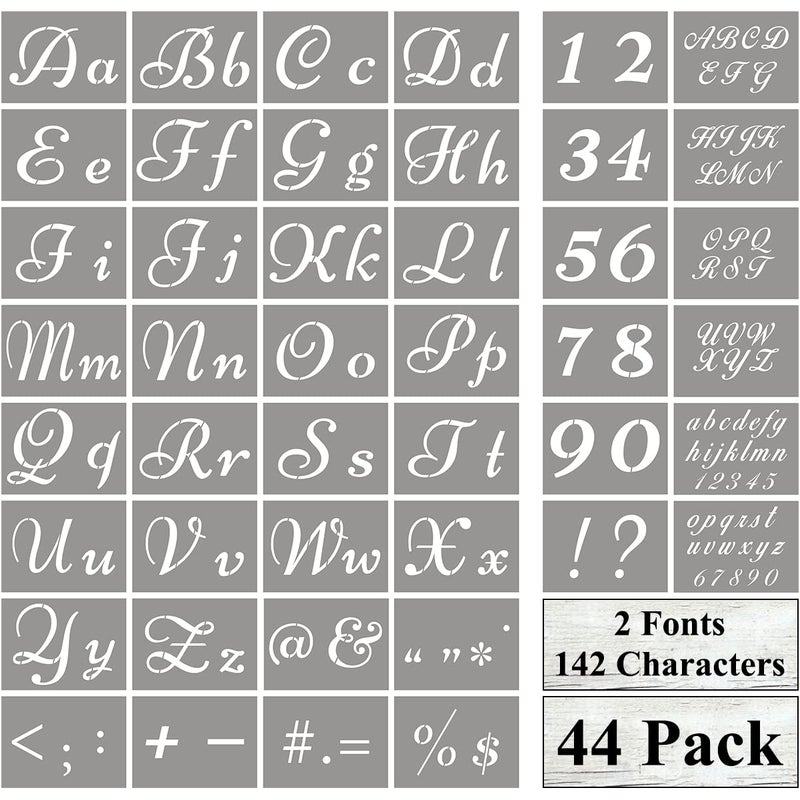 REOLAN Letter Stencils for Painting on Wood - 44 Pack Alphabet Stencil Templates with Numbers and Signs, Reusable Plastic Stencils in 2 Fonts and 142 Designs for Wood Burning & Wall Art - Image 1